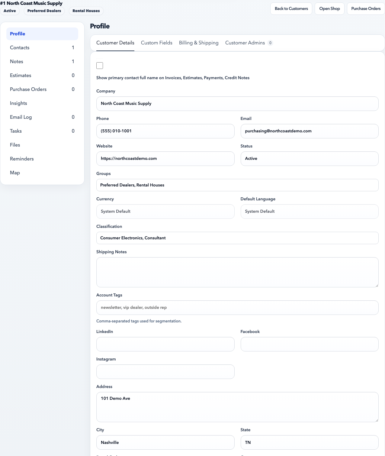 RepCloud CRM account profile screenshot