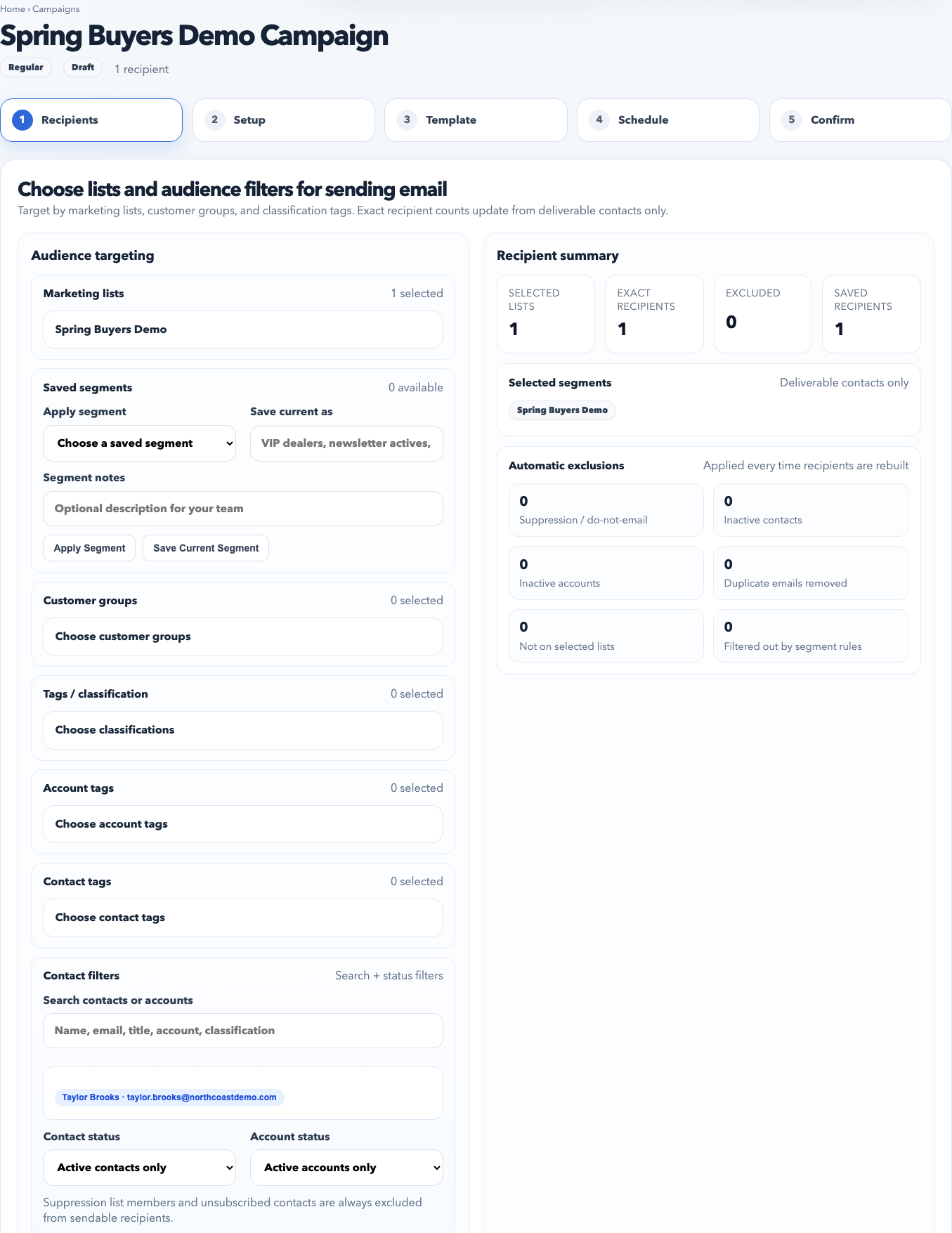 RepCloud CRM campaign recipient builder screenshot