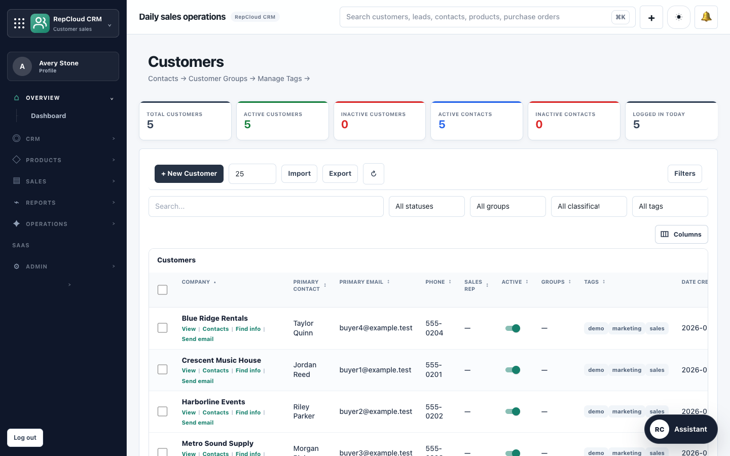 RepCloud CRM customer list screenshot