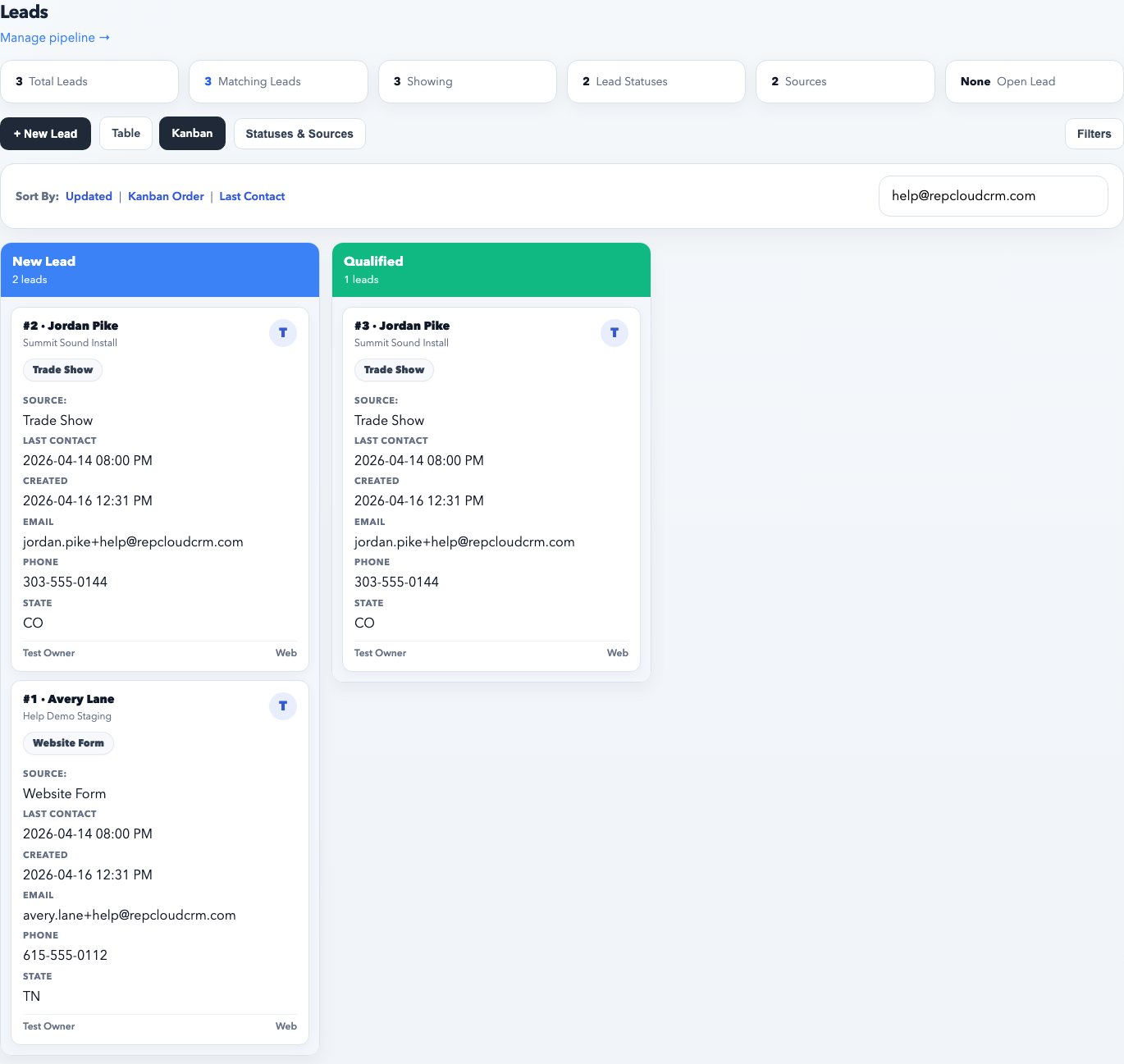 RepCloud CRM leads screenshot