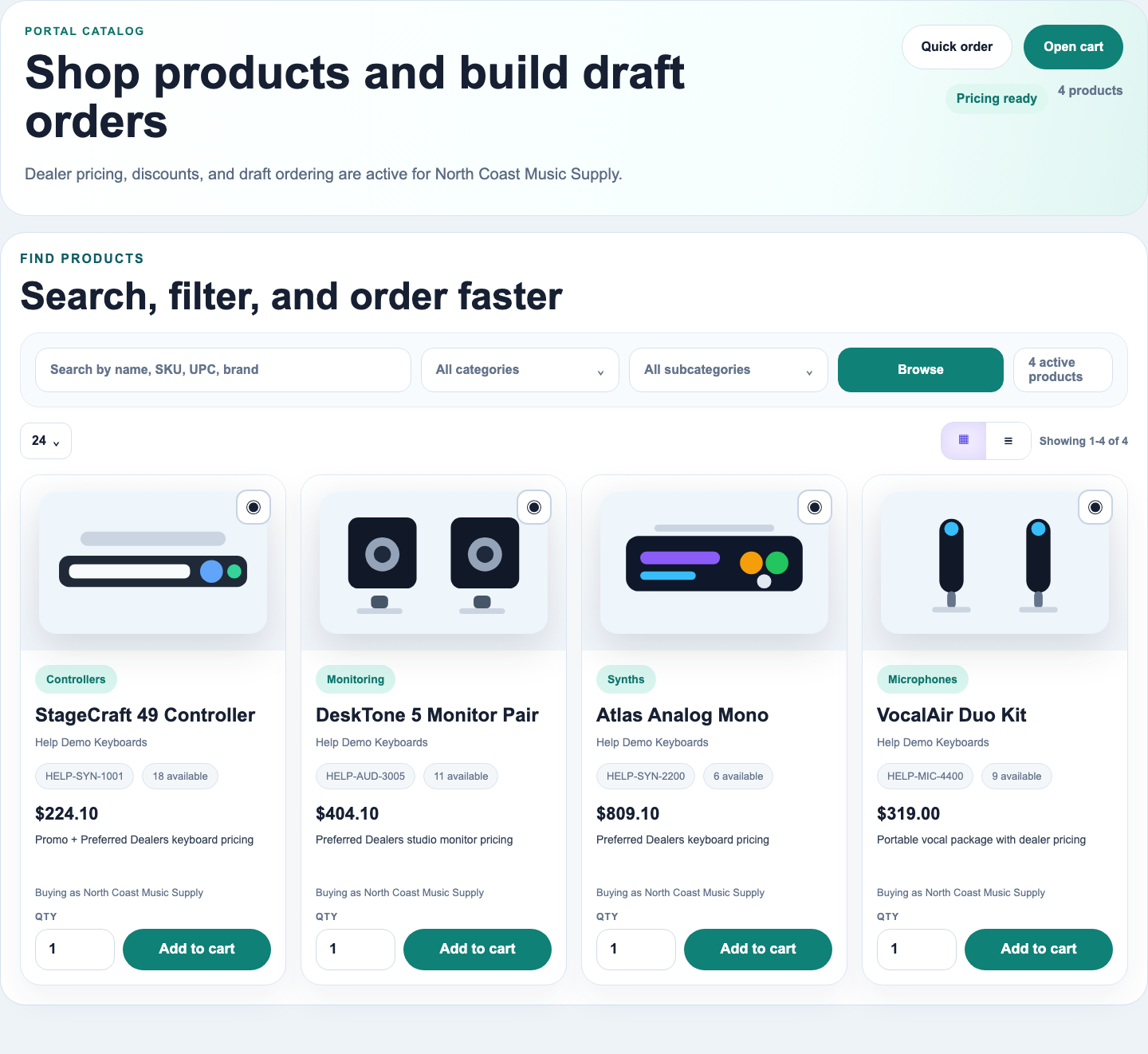 RepCloud customer portal product catalog for distributor accounts