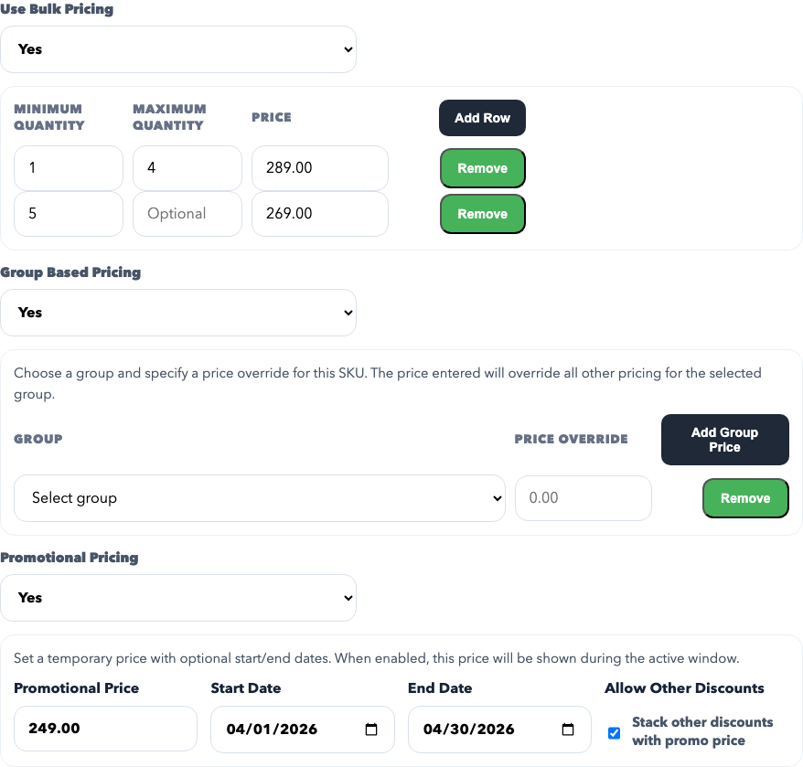 RepCloud CRM product pricing controls screenshot