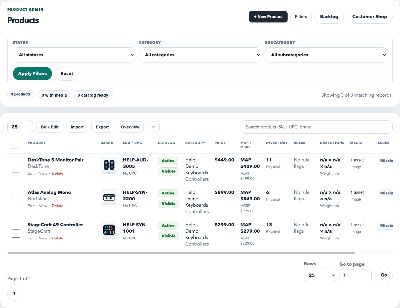 RepCloud CRM product catalog screenshot