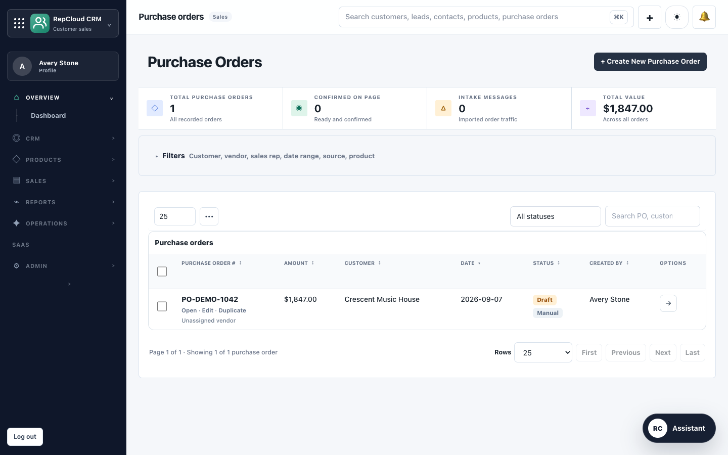 RepCloud CRM purchase orders