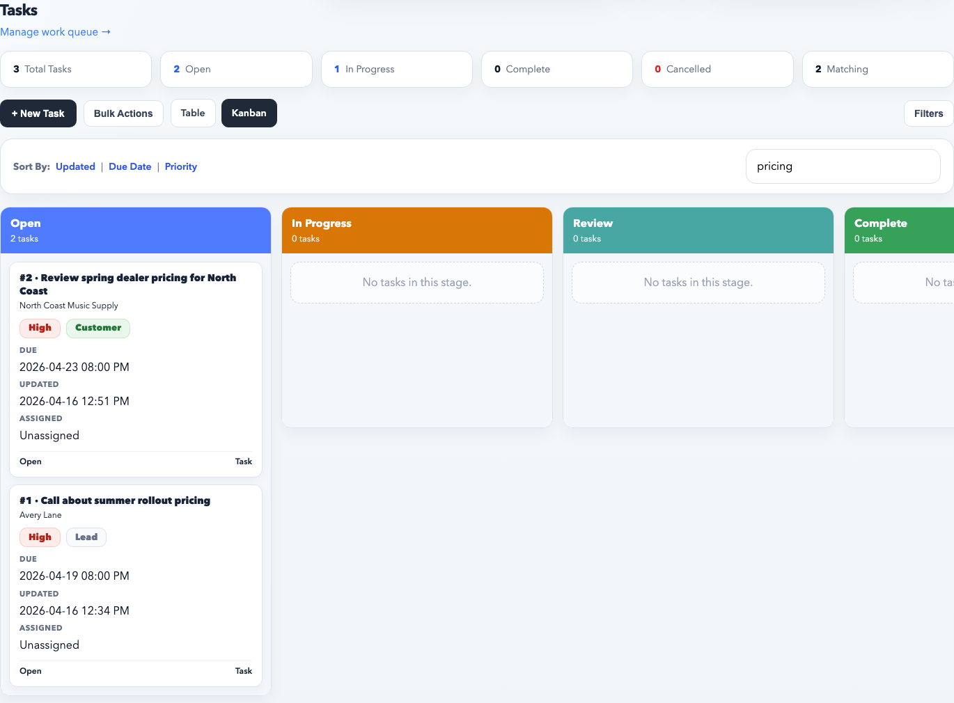 RepCloud CRM tasks screenshot