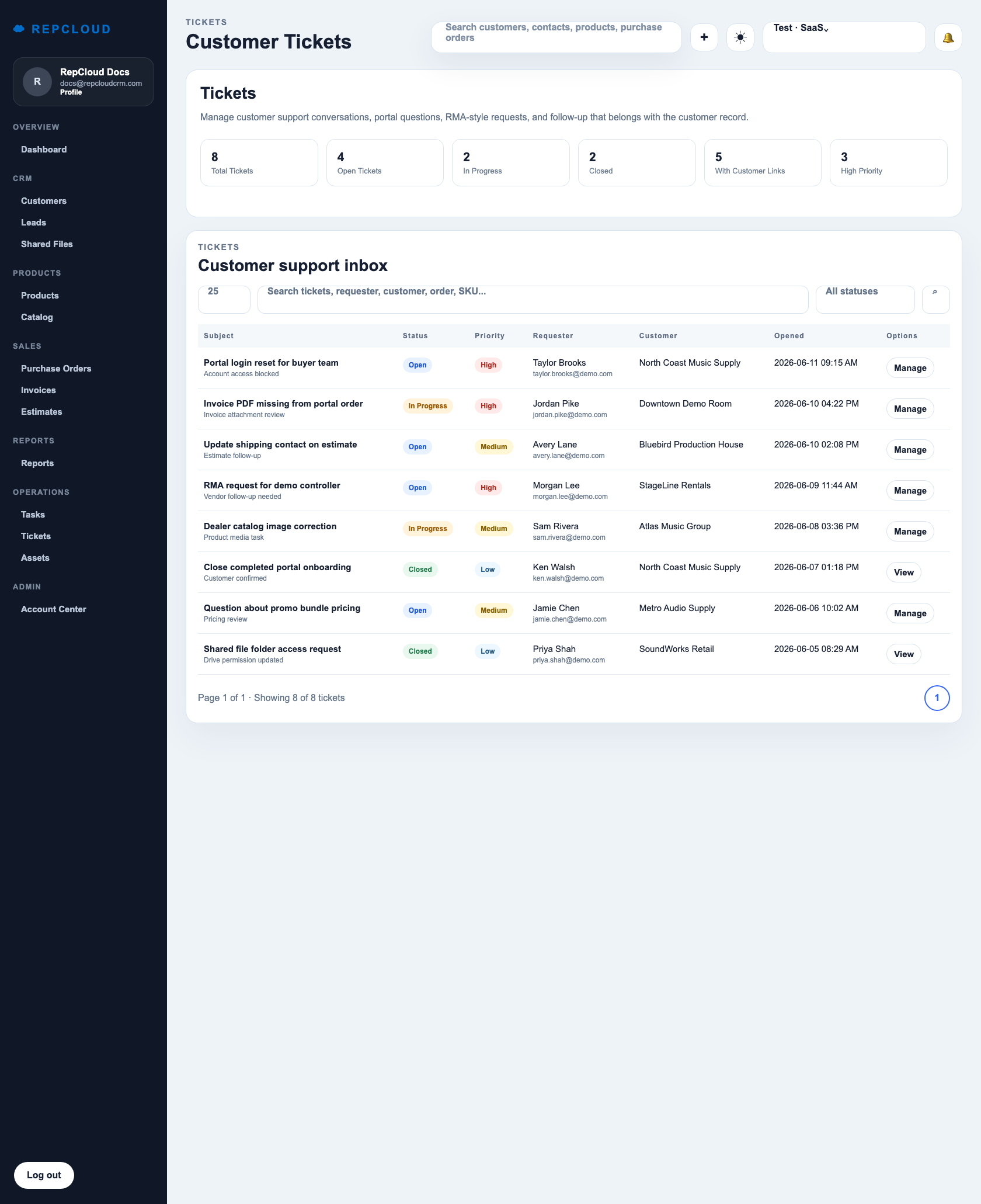 RepCloud CRM support tickets screenshot