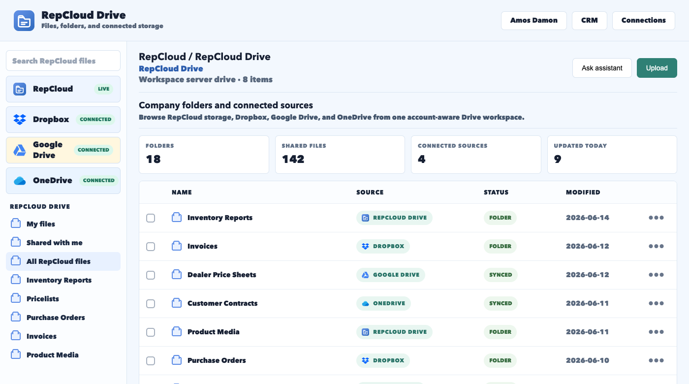RepCloud Drive connected sources screenshot
