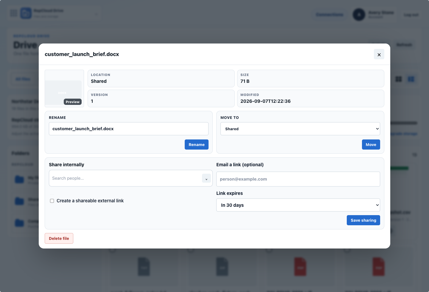 RepCloud Drive file panel with rename, move, internal sharing, email link, expiration, and external link controls