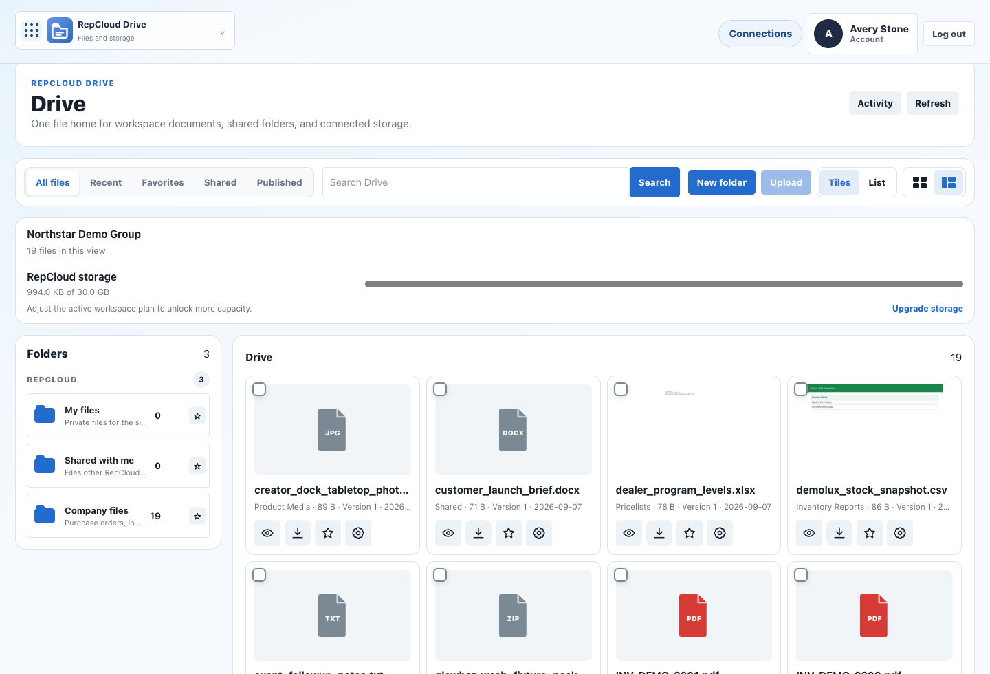 Current RepCloud Drive library with folders, search, storage, and file actions