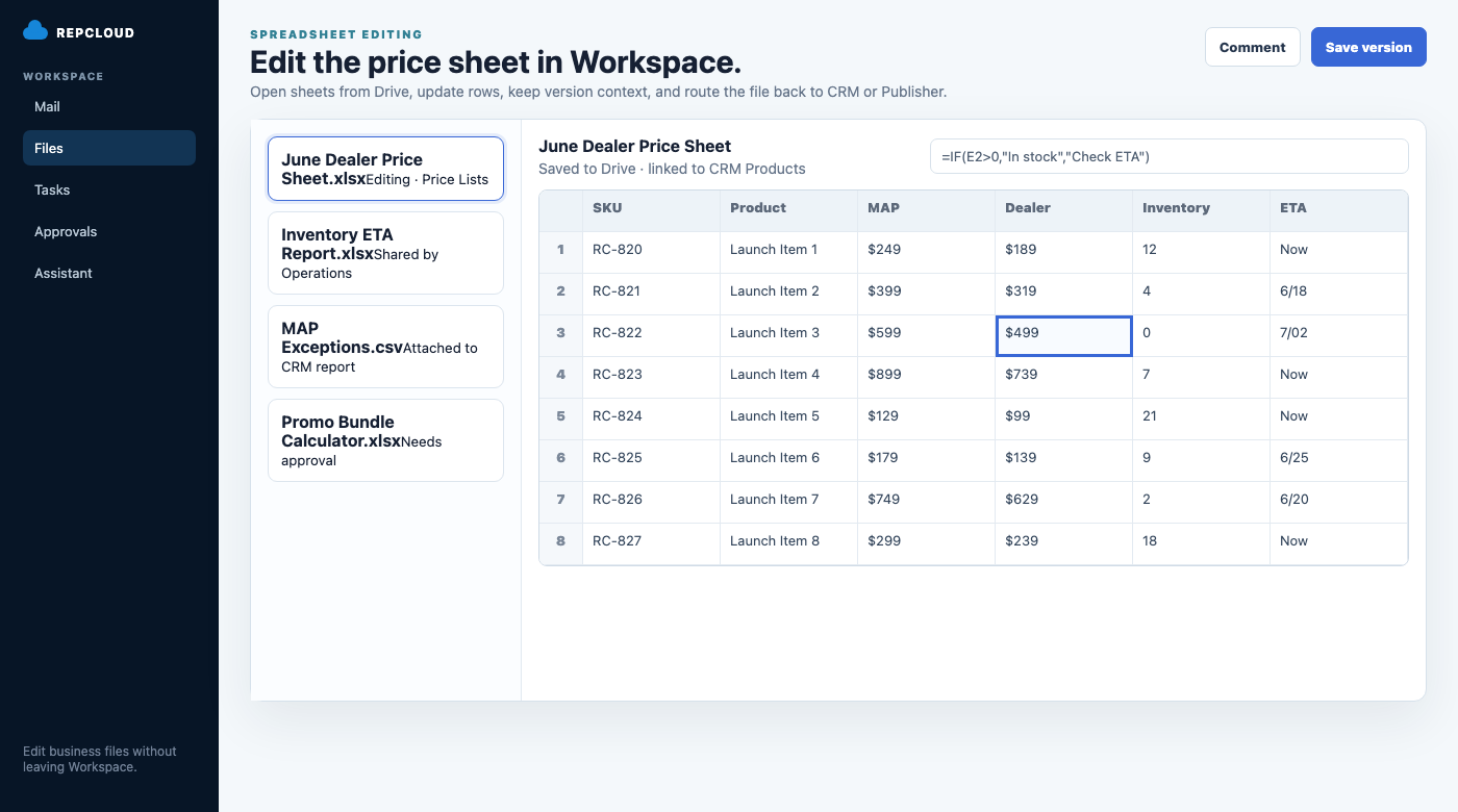 Supported spreadsheet open in the RepCloud built-in editor