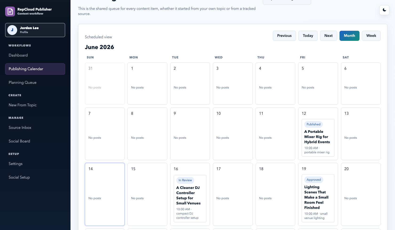 RepCloud Publisher demo publishing calendar screenshot