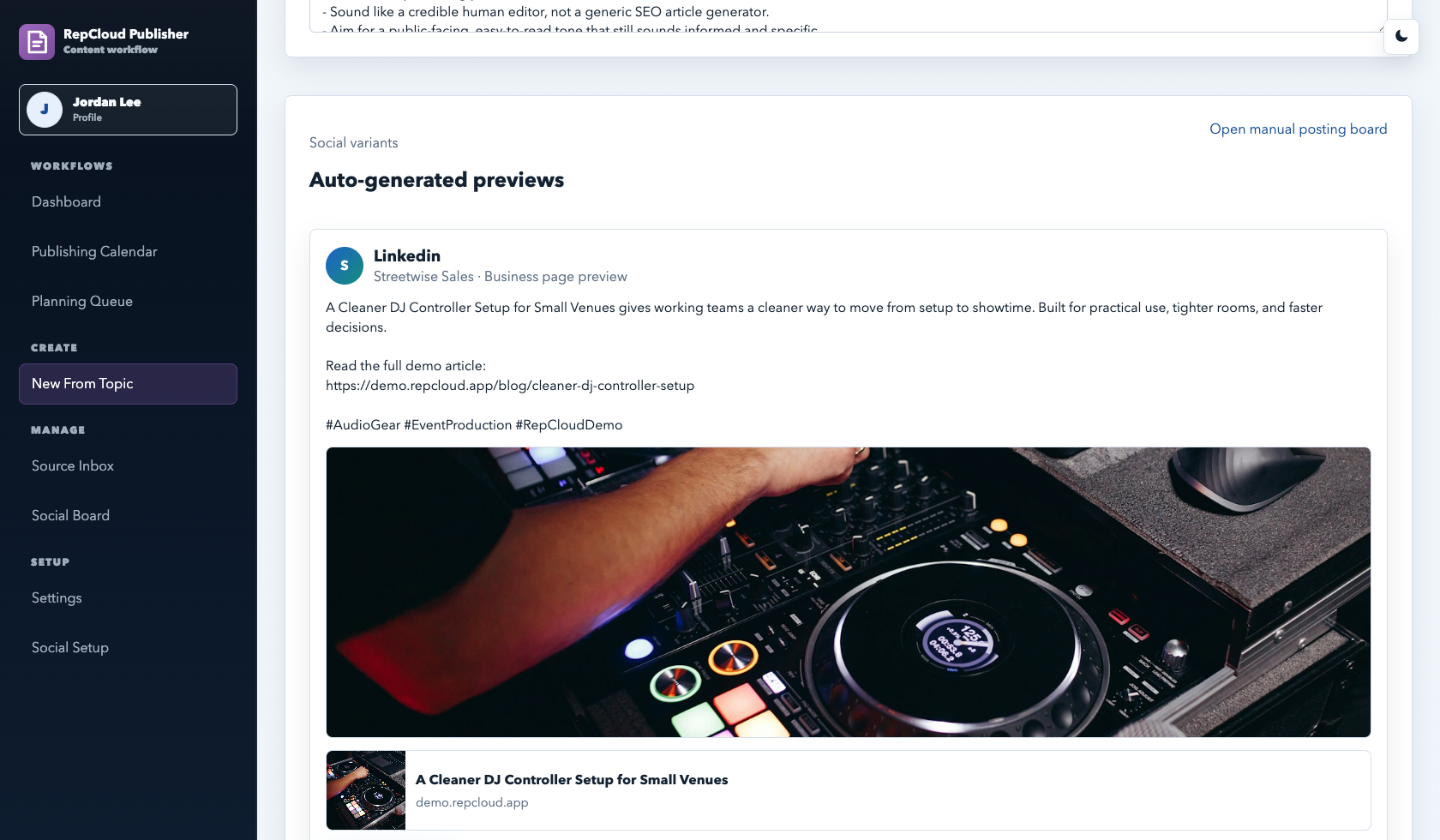 RepCloud Publisher demo content editor screenshot