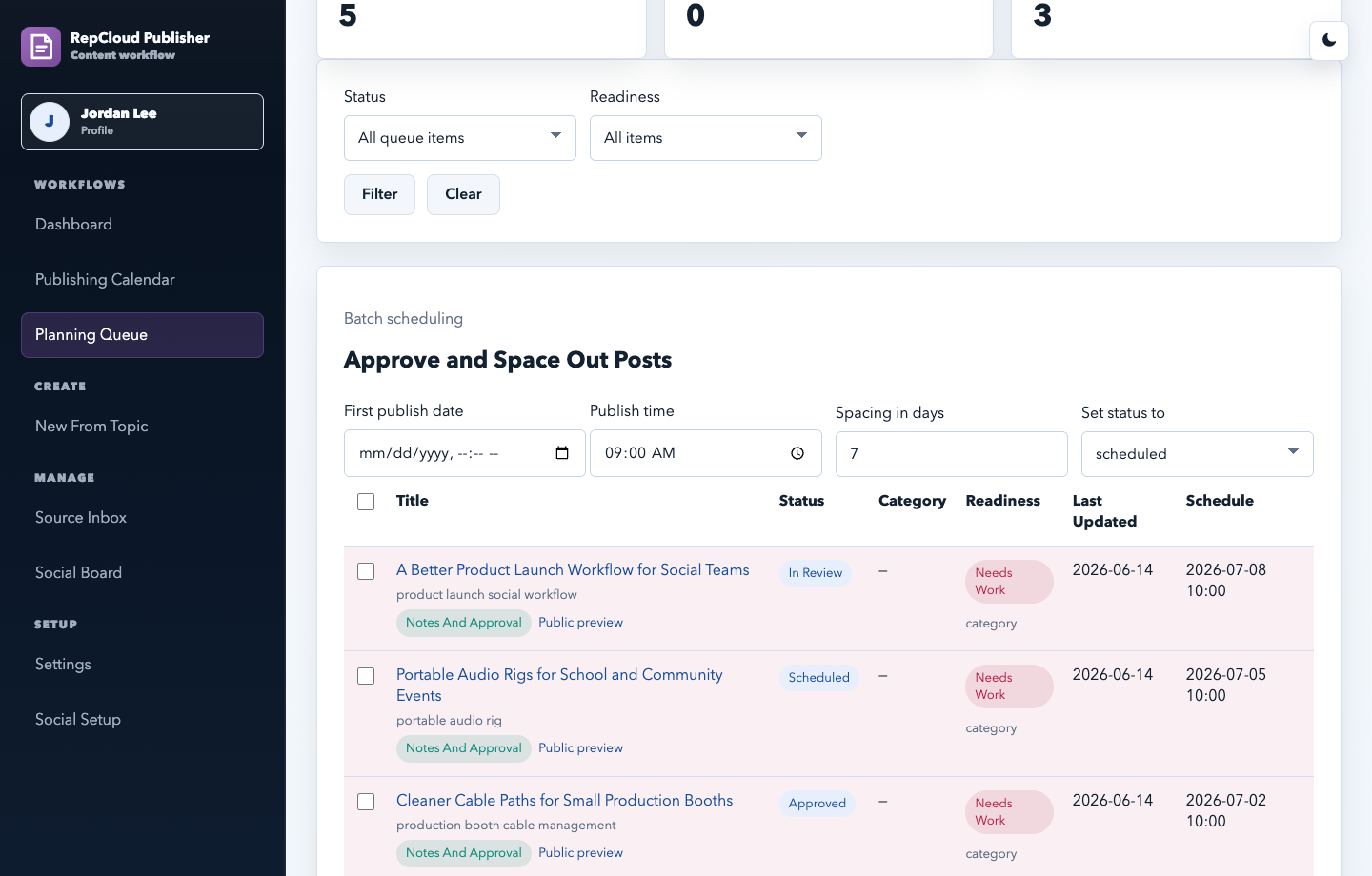 RepCloud Publisher demo Planning Queue screenshot