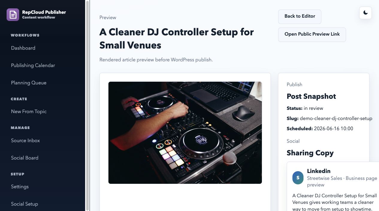 RepCloud Publisher demo blog post preview screenshot