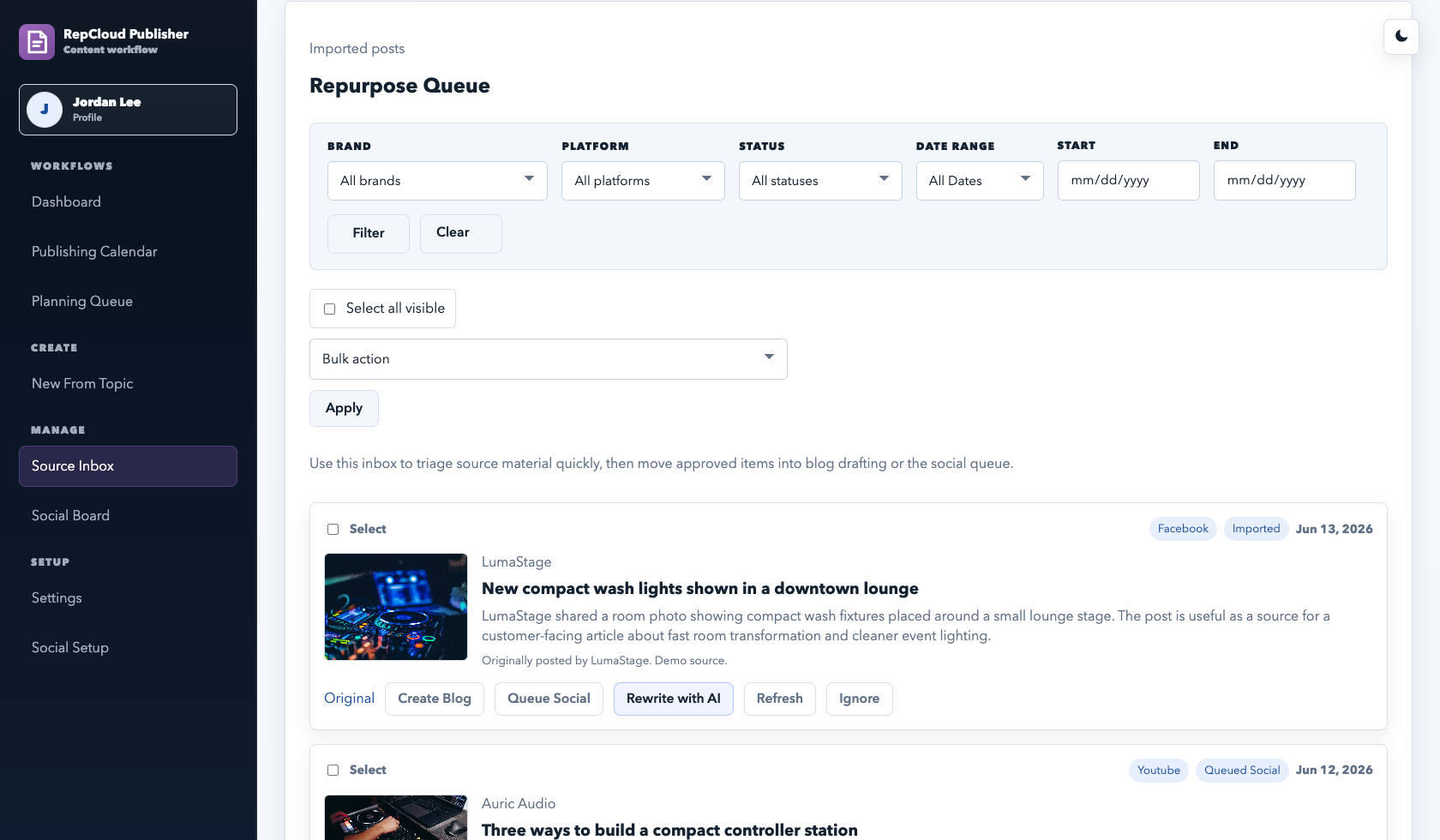 RepCloud Publisher source inbox showing vendor updates ready for content workflows