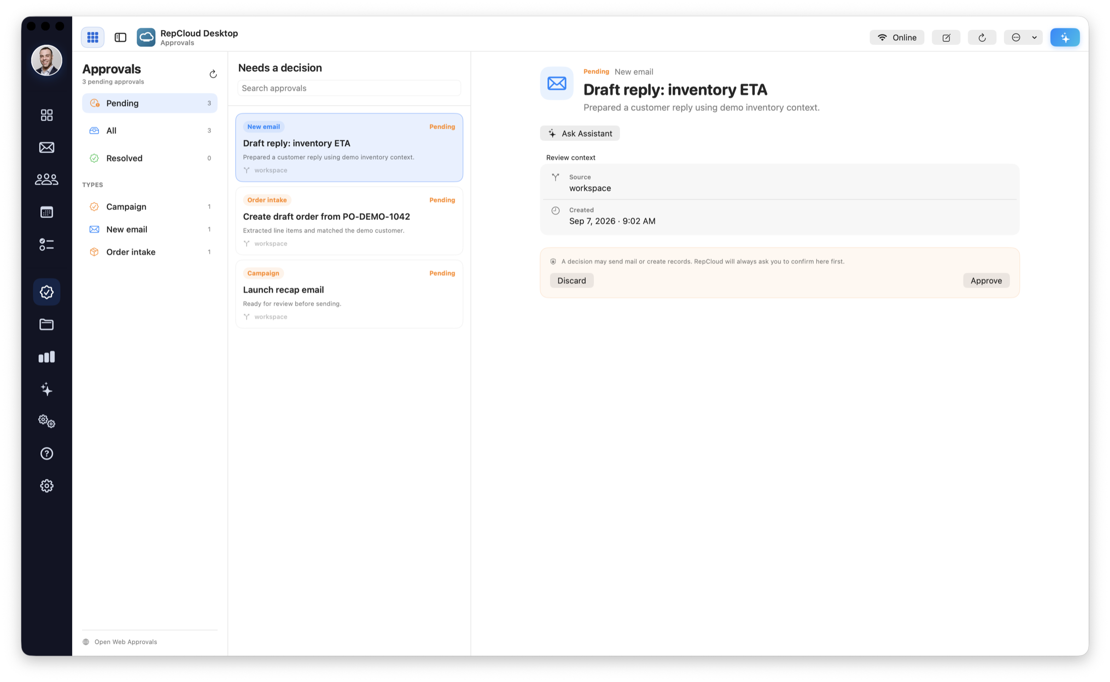 The genuine native RepCloud Desktop Approvals screen with fictional reply, order-intake, and campaign work