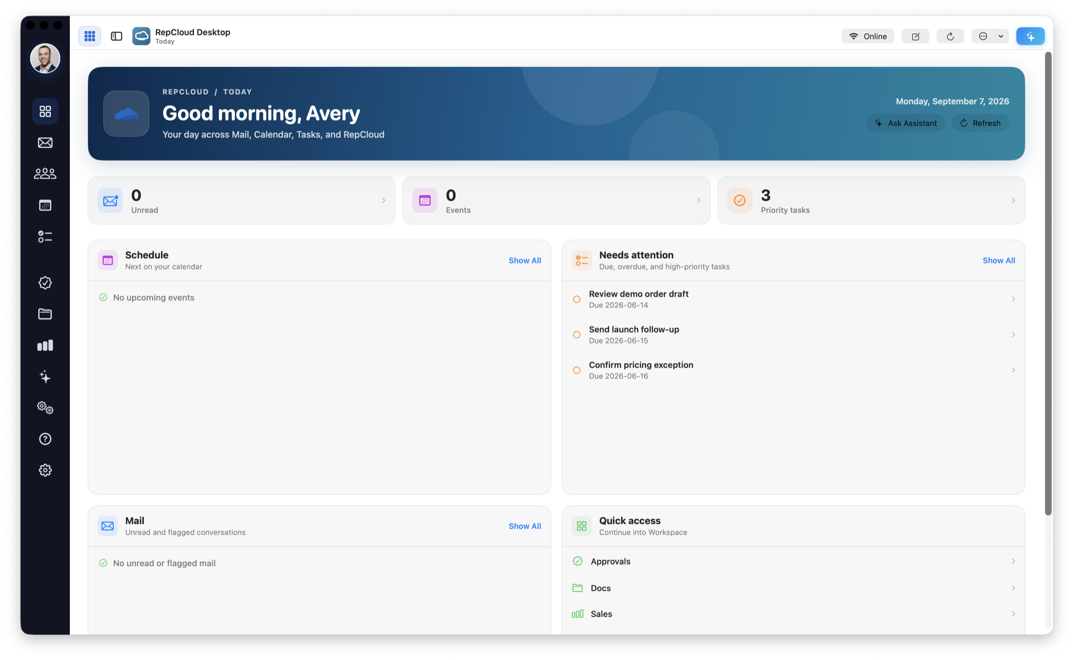 The native RepCloud Desktop for Mac Today view with priority tasks, mail, Drive, calendar, approvals, and recent activity