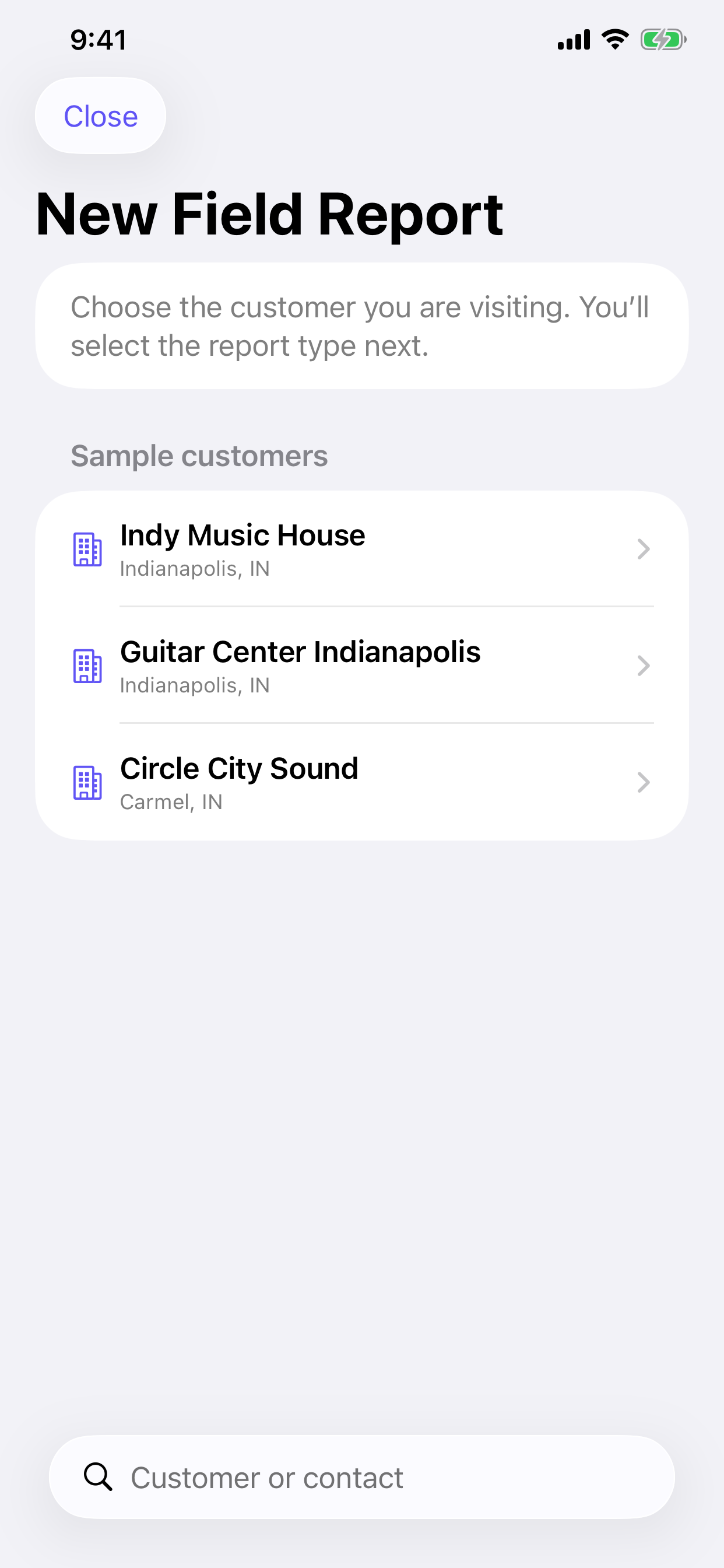 RepCloud for iPhone screen for starting a field report
