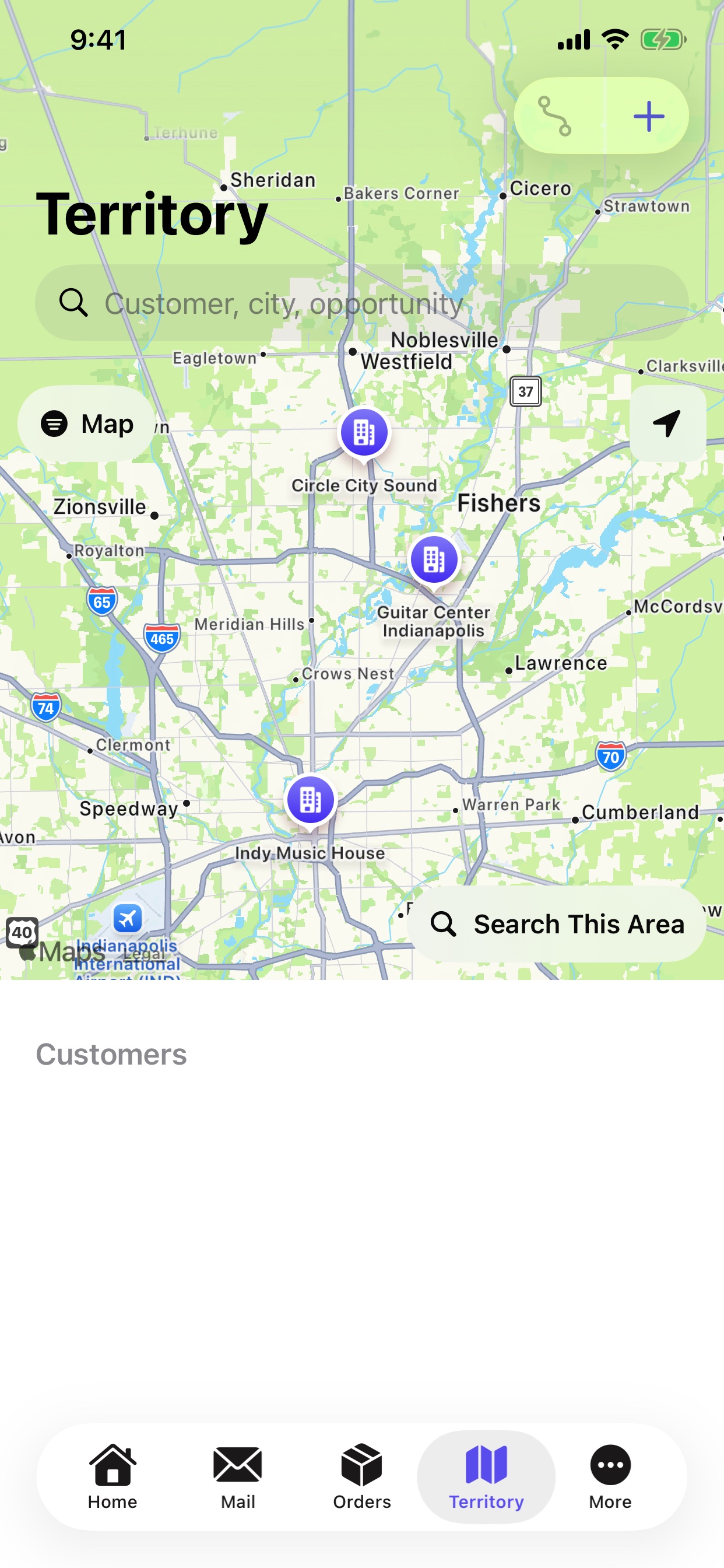 RepCloud for iPhone territory map with nearby customer locations