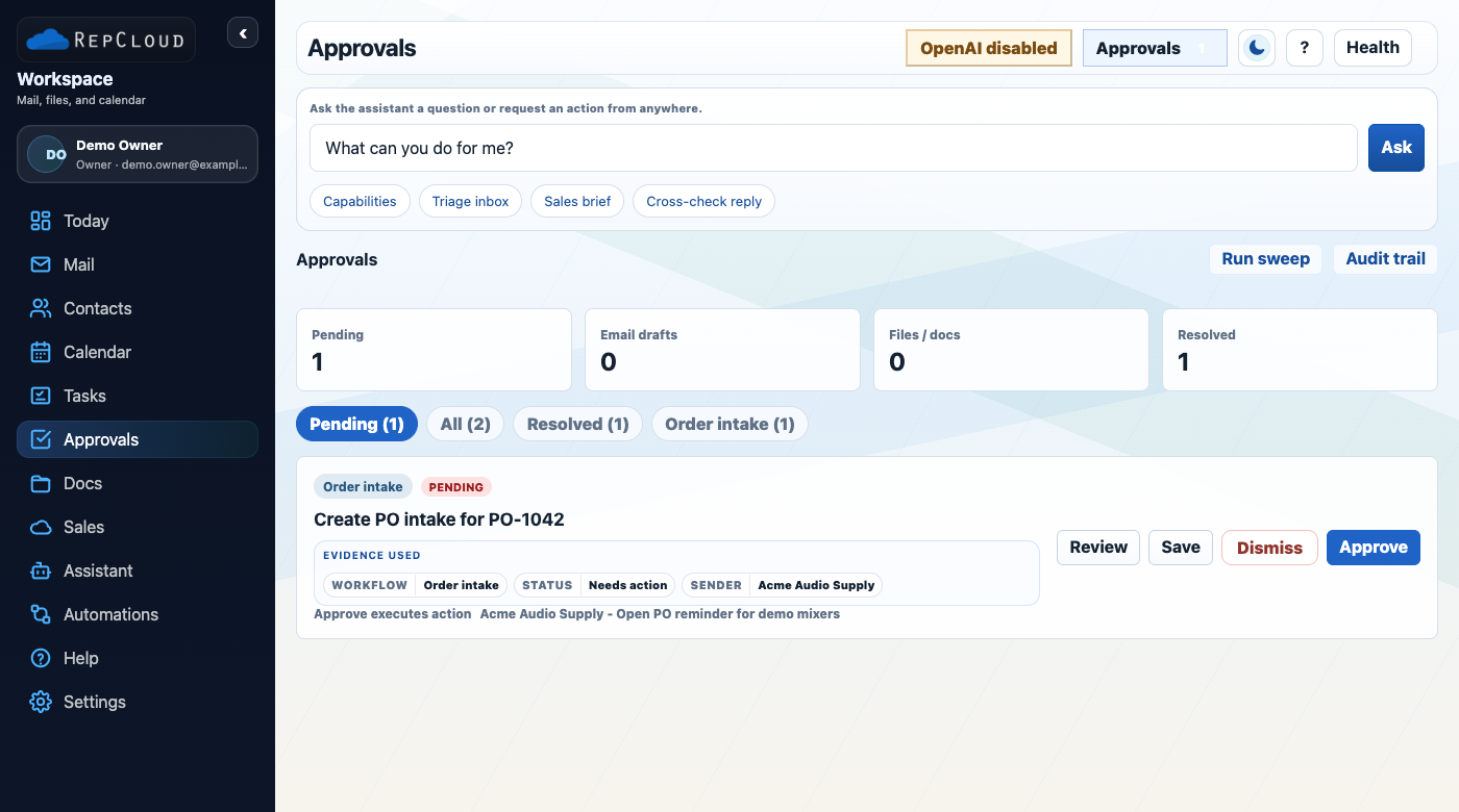 RepCloud Workspace approvals screenshot