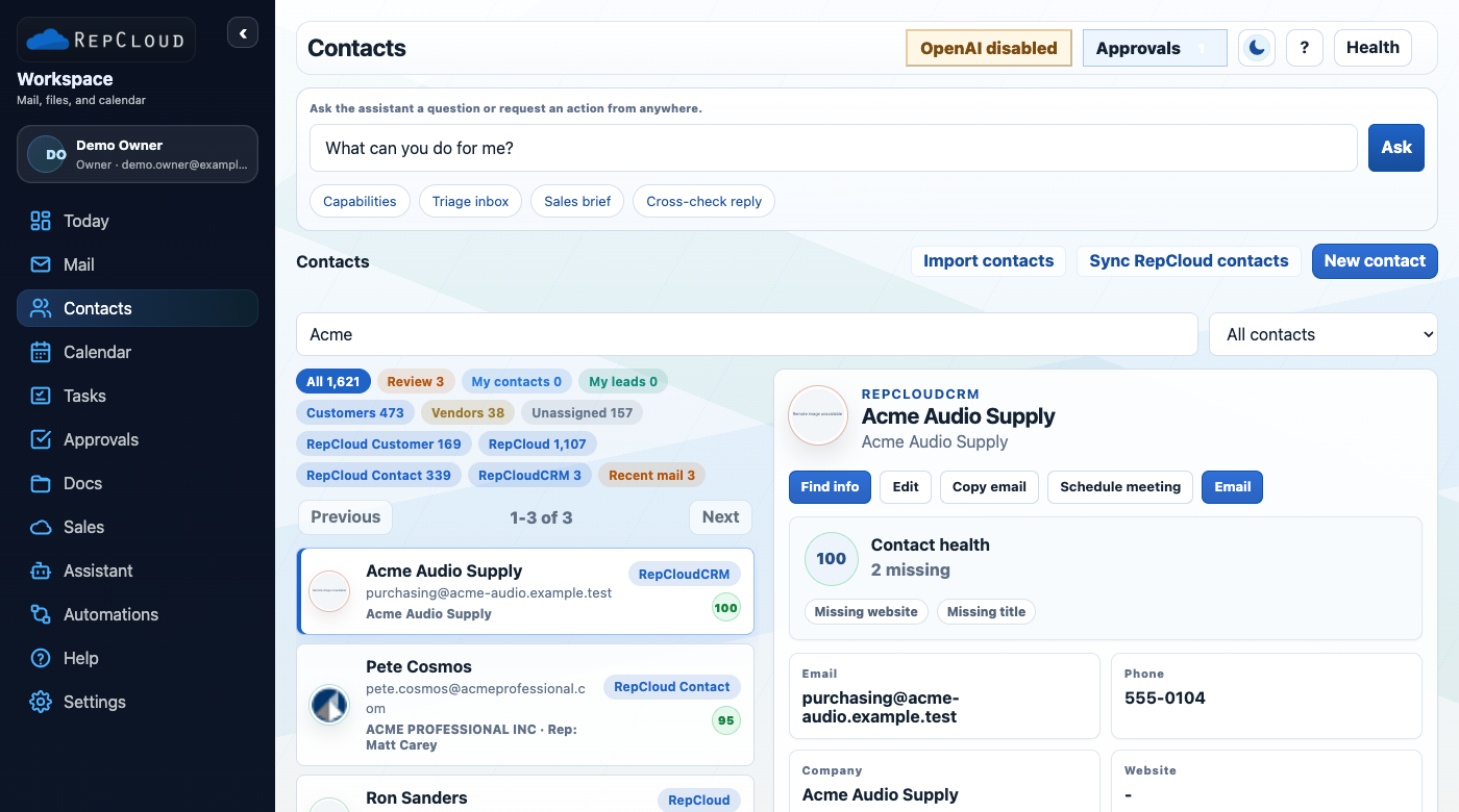 RepCloud Workspace contacts screenshot