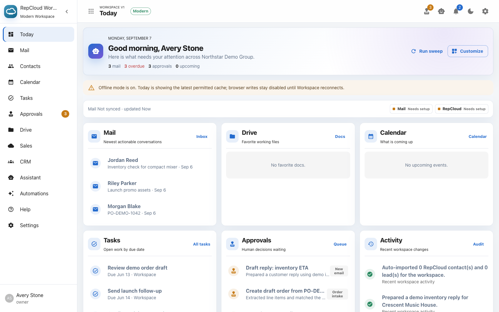 RepCloud Workspace Today view bringing mail, Drive files, calendar, tasks, approvals, and activity together
