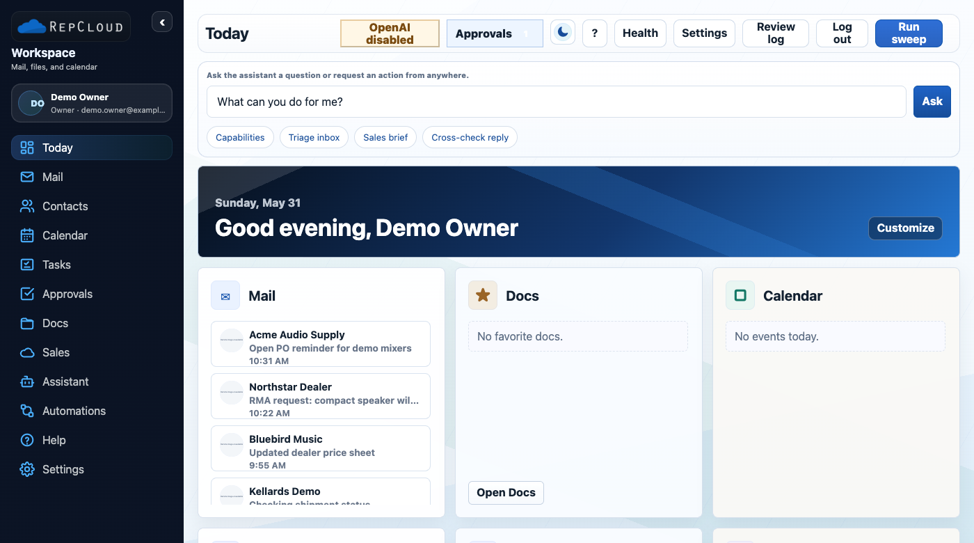 RepCloud Workspace dashboard screenshot
