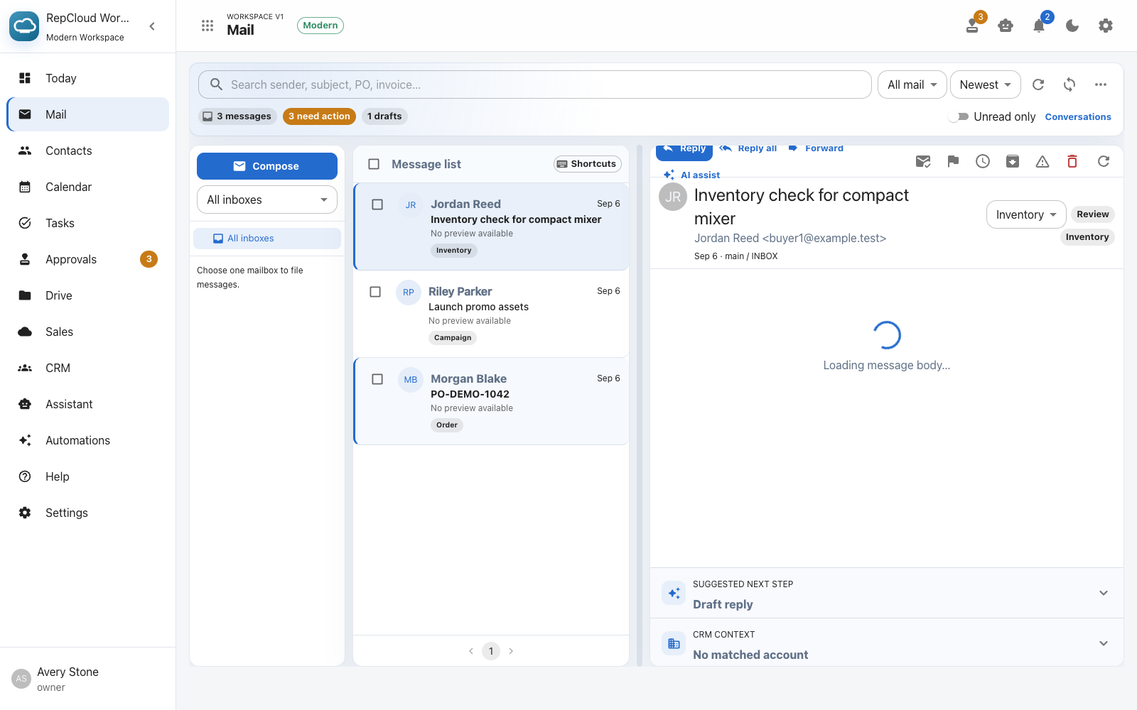RepCloud Workspace inbox