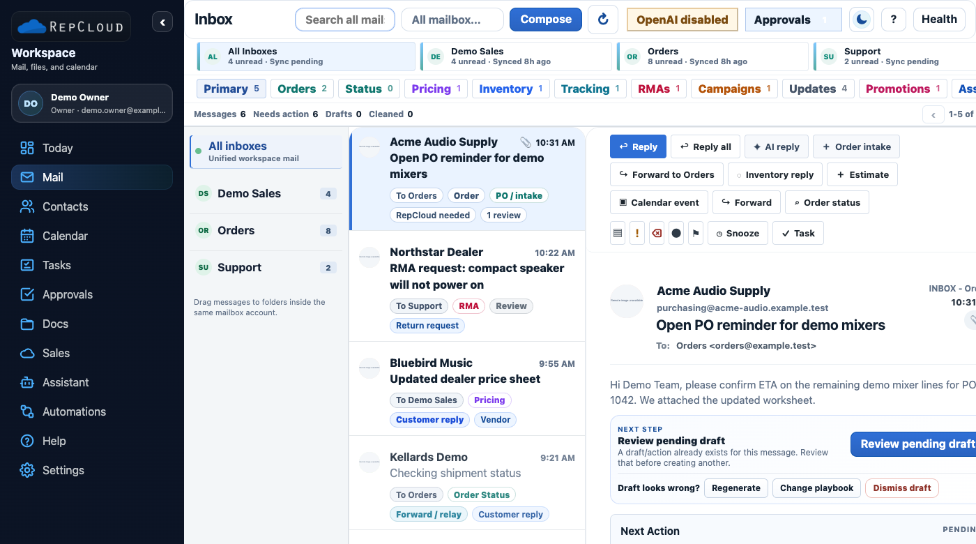 RepCloud Workspace mail screenshot