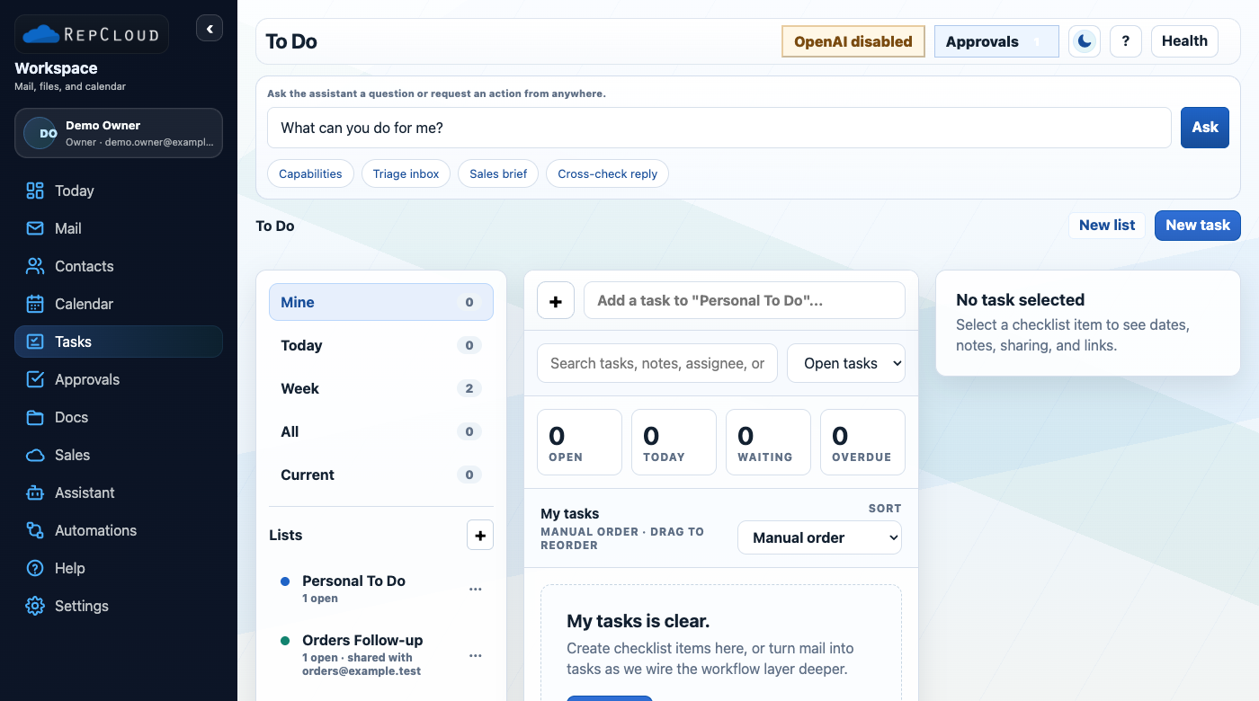 RepCloud Workspace tasks screenshot